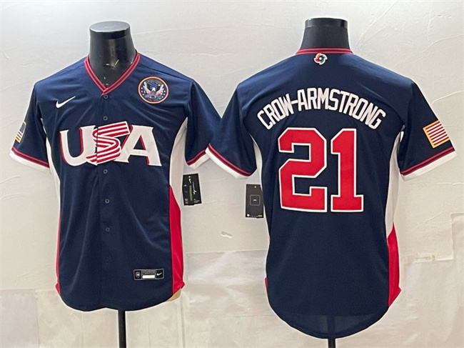 Men's USA Baseball #21 Pete Crow-Armstrong Navy 2026 World Baseball Classic United States 250th Anniversary Patch Road Stadium Stitched Jersey Men's USA Baseball #21 Pete Crow-Armstrong Navy 2026 World Baseball Classic United States 250th Anniversary Patch Road Stadium Stitched Jersey